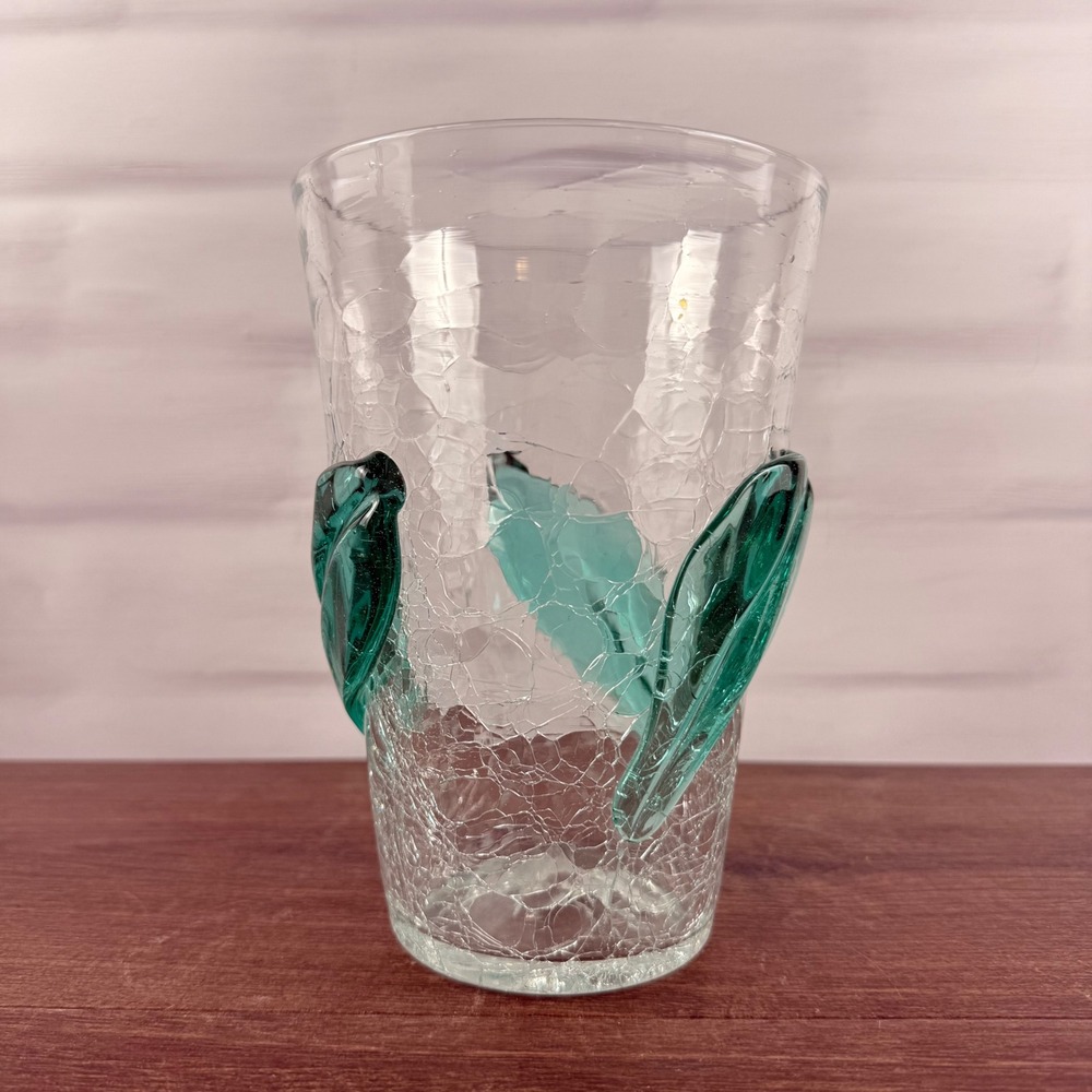 Blenko 366SL Leaf Beaker Vase Sea Green Crackle Glass Mid Century